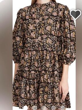 Mille Brown Hand Blocked Cotton Floral Tiered Dress Size Small